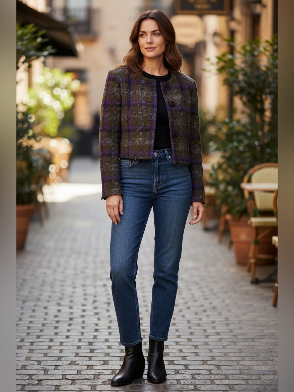 Maxx One + One Petites Cropped Tweed Plaid Jacket Purple Olive Size 2P